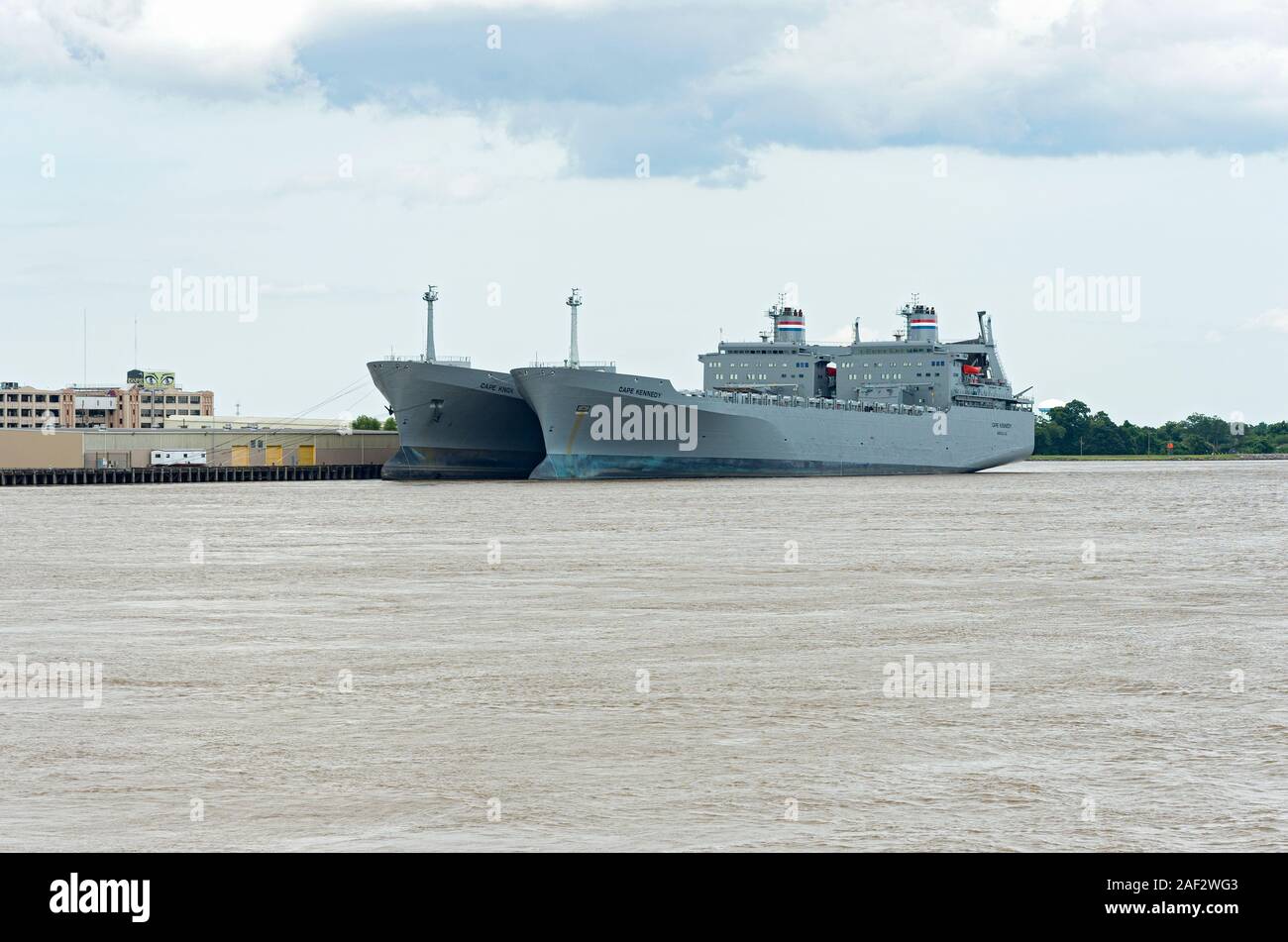 New Orleans, LA/USA –June 14, 2019: Roll On/Roll Off cargo ships are part of Ready Reserve Fleet operated by United States Navy’s Sealift Command. Stock Photo
