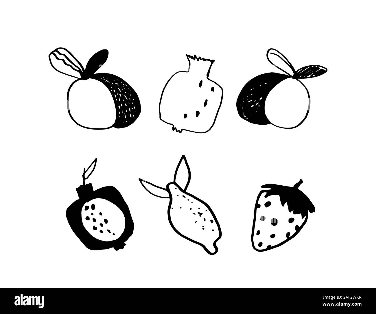 Set summer fruits pomegranate,strawberry,peach, lemon isolated on white in doodle style.Vector Stock Vector