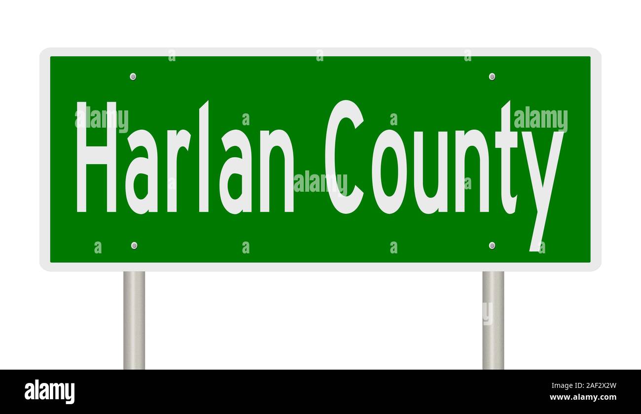 Rendering of a green 3d highway sign for Harlan County Stock Photo