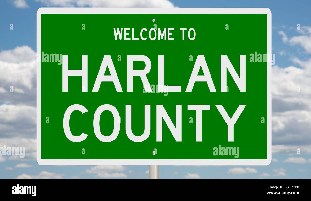 Rendering of a green 3d highway sign for Harlan County Stock Photo