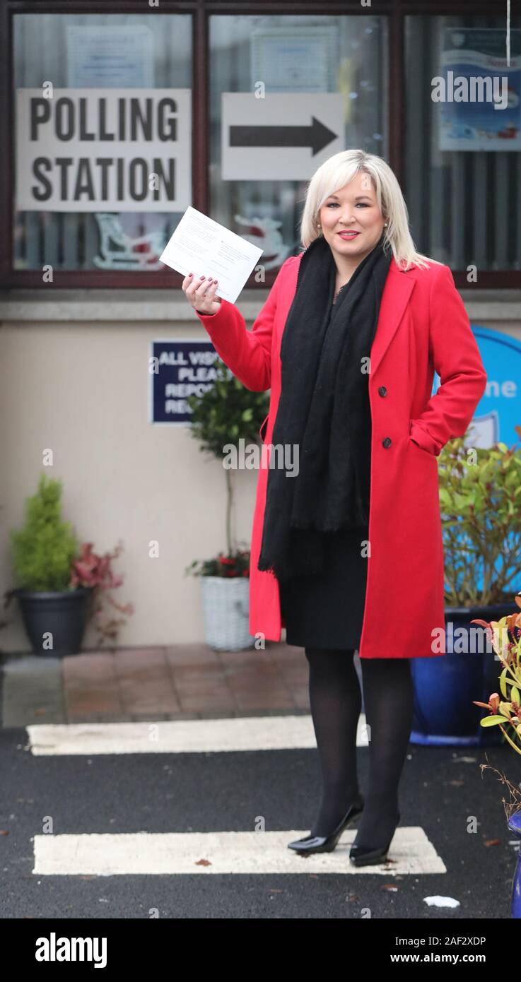 Sinn Fein Deputy leader Michelle O'Neill casting her vote in the 2019 General Election at Patrick's Primary School in Clonoe, Co. Tyrone. Stock Photo