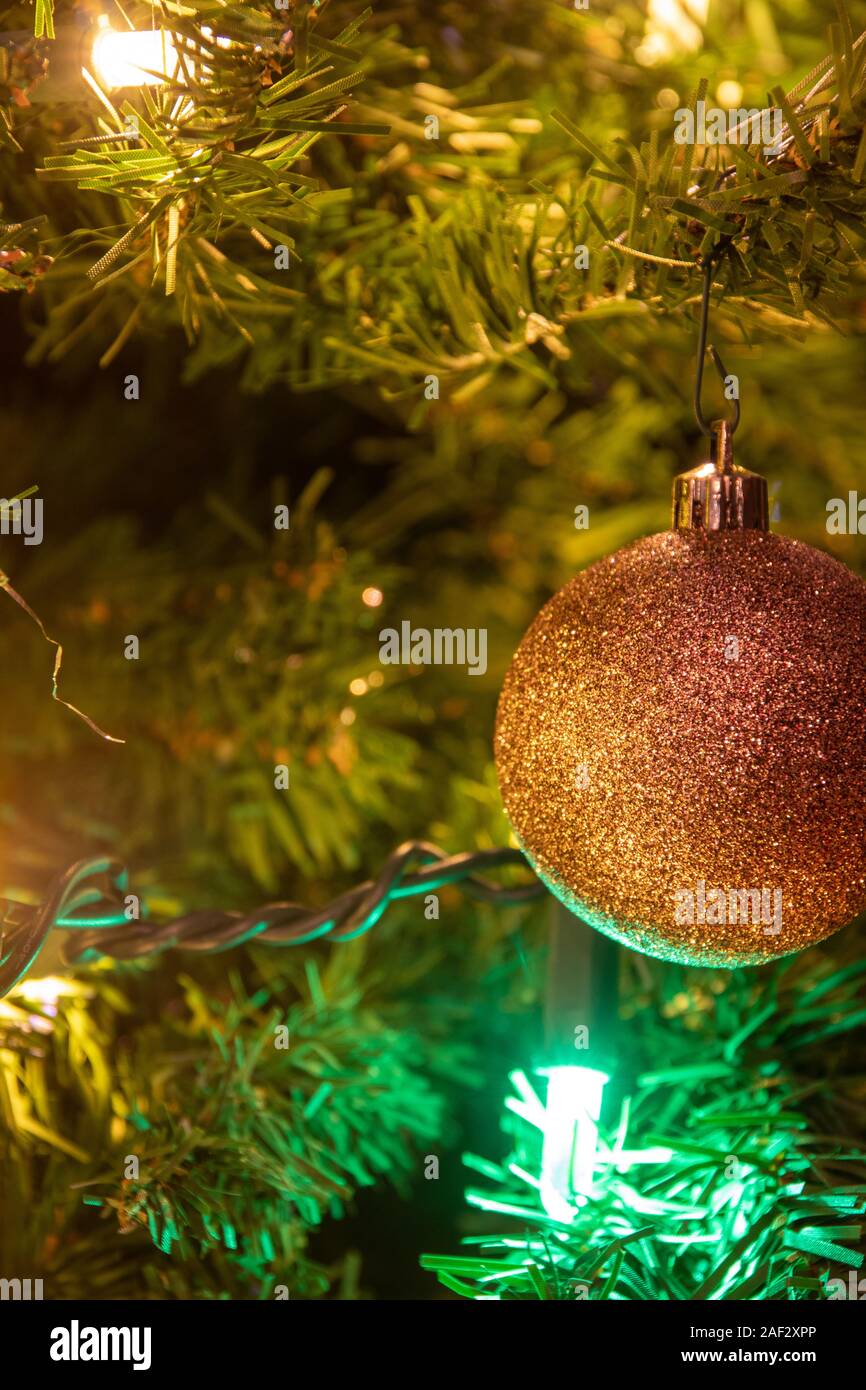 Christmas Baubles on Christmas Tree with lights Stock Photo Alamy