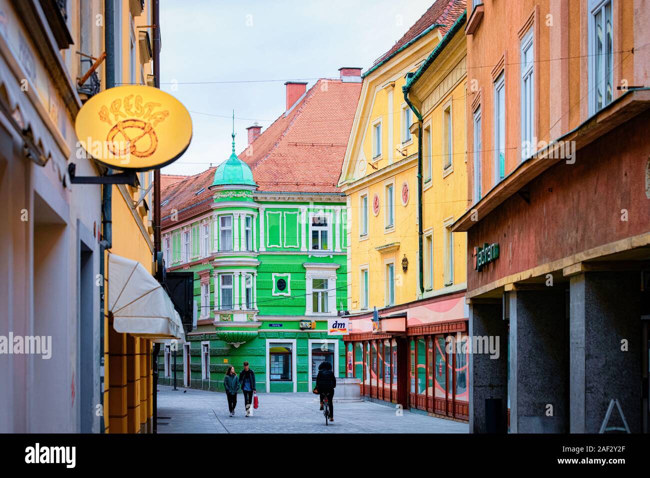 Cityscape of Celje old town Preshernova Street Slovenia Stock Photo
