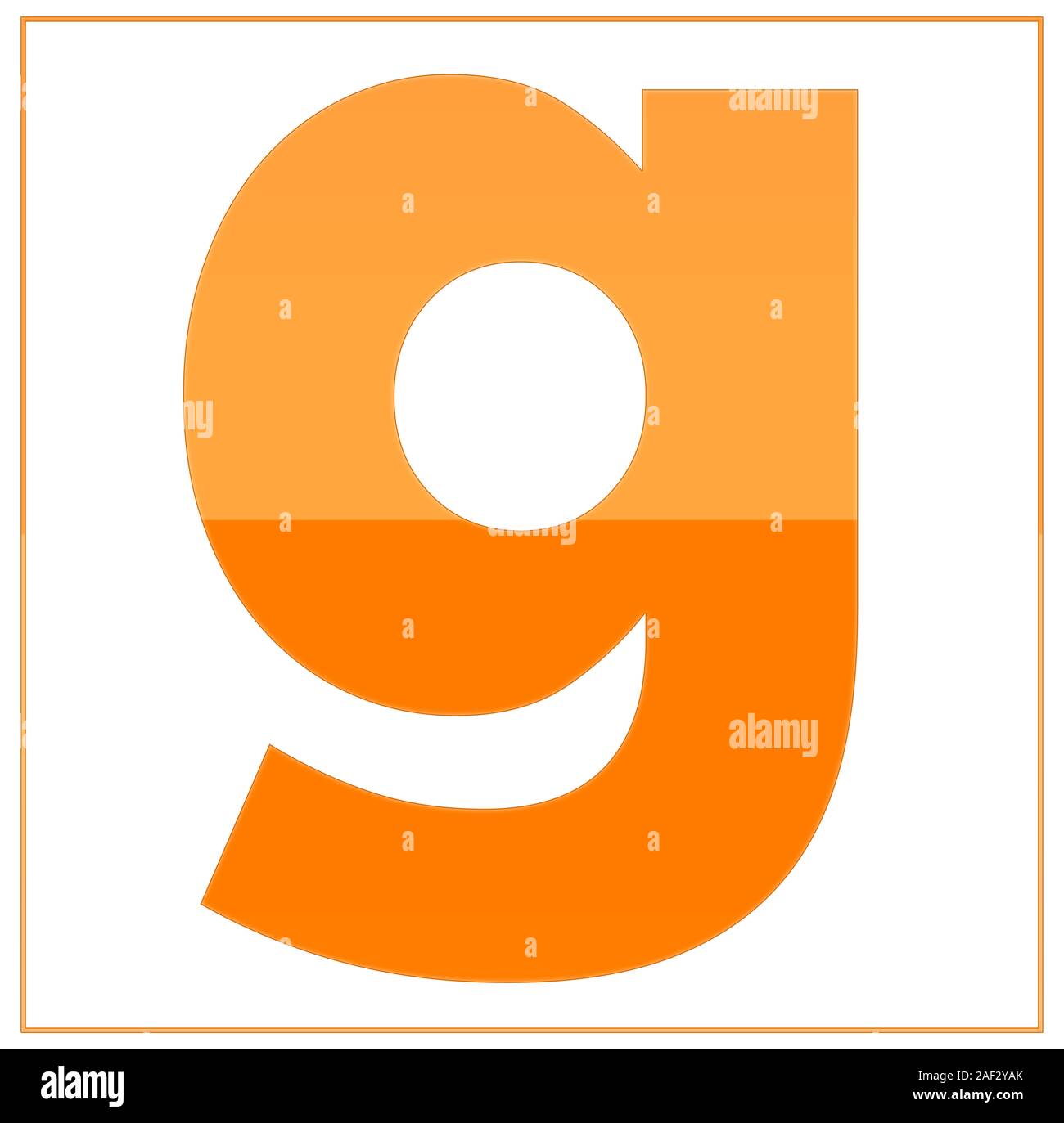 The letter g,  made light orange and dark orange, half-and-half. Same colors turn upside down and used in frame. On white background Stock Photo