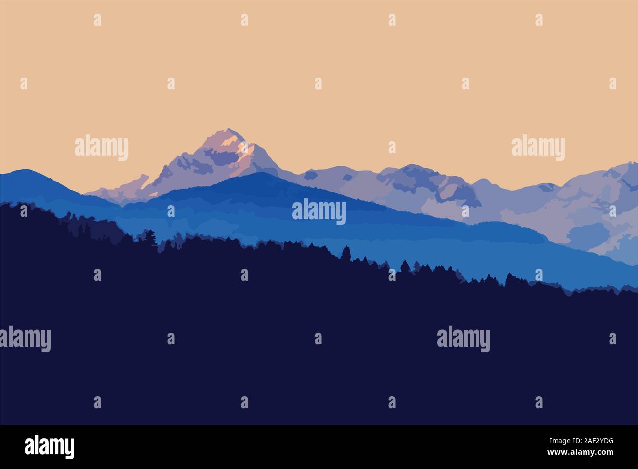 Beautiful twilight landscape with alpine peaks in background and fir forest silhouette in foreground. Landscapes, nature and mountaineering concepts. Stock Vector