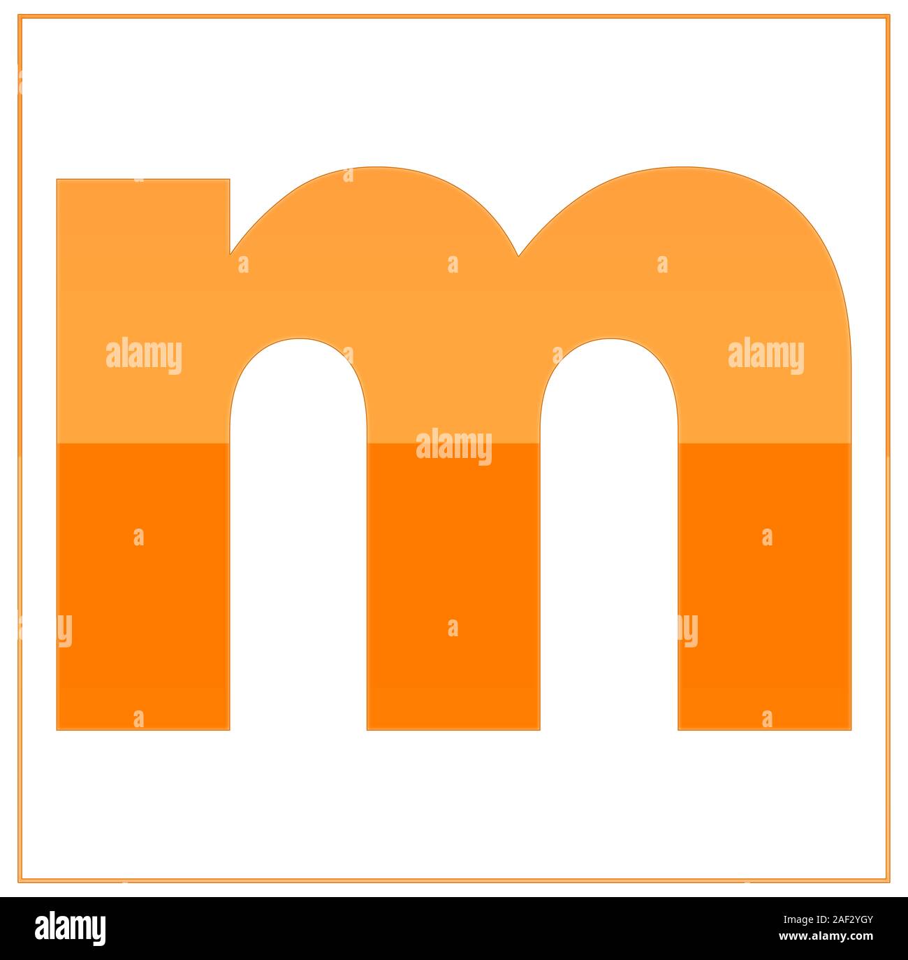 The letter m,  made light orange and dark orange, half-and-half. Same colors turn upside down and used in frame. On white background Stock Photo
