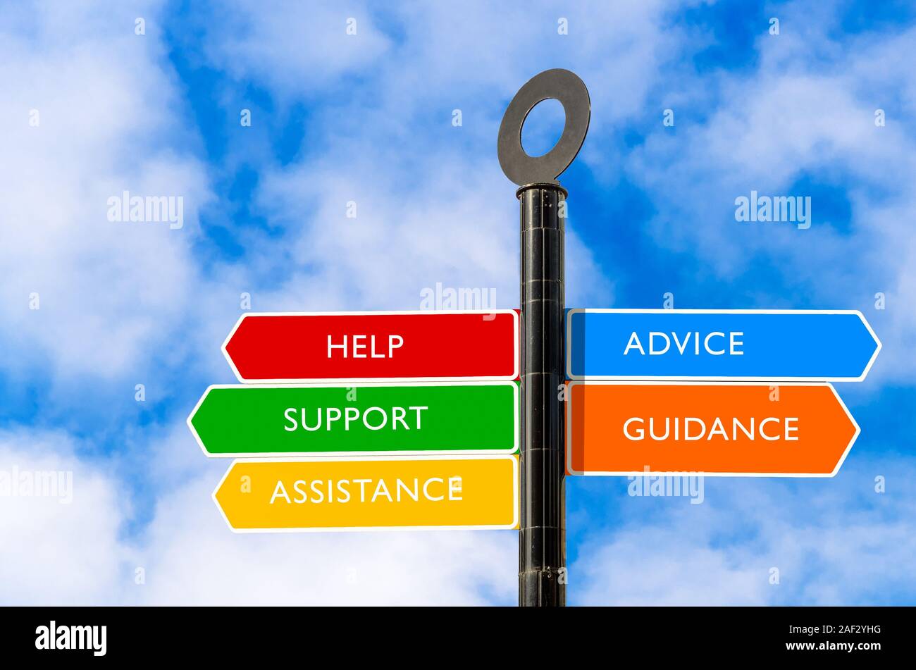 Colourful conceptual signpost about help and guidance Stock Photo