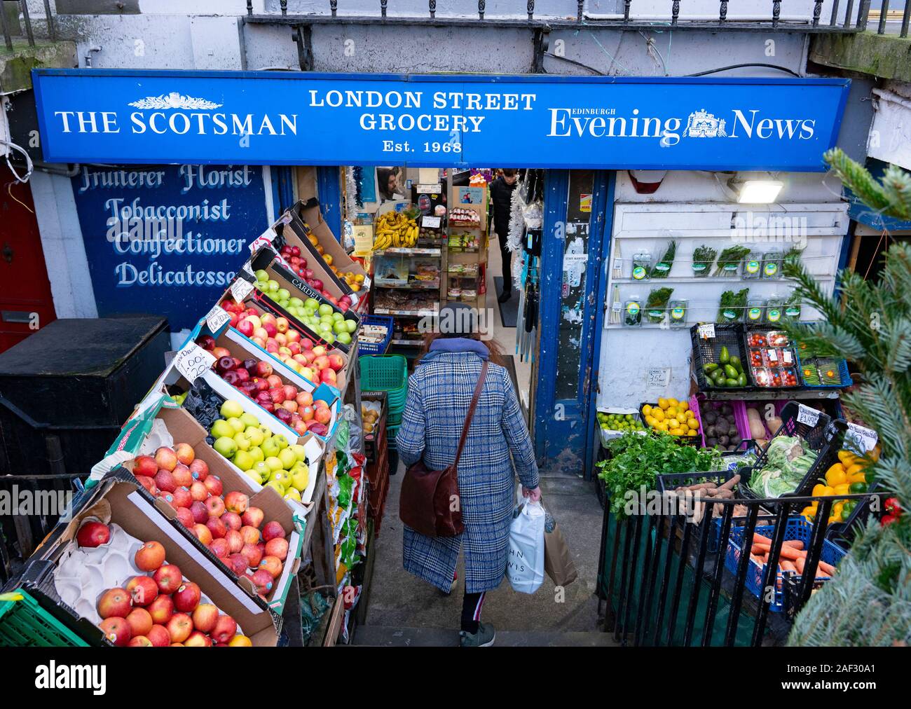 Exterior of traditional greengrocer and newsagent on London Street in Edinburgh, Scotland ,UK Stock Photo