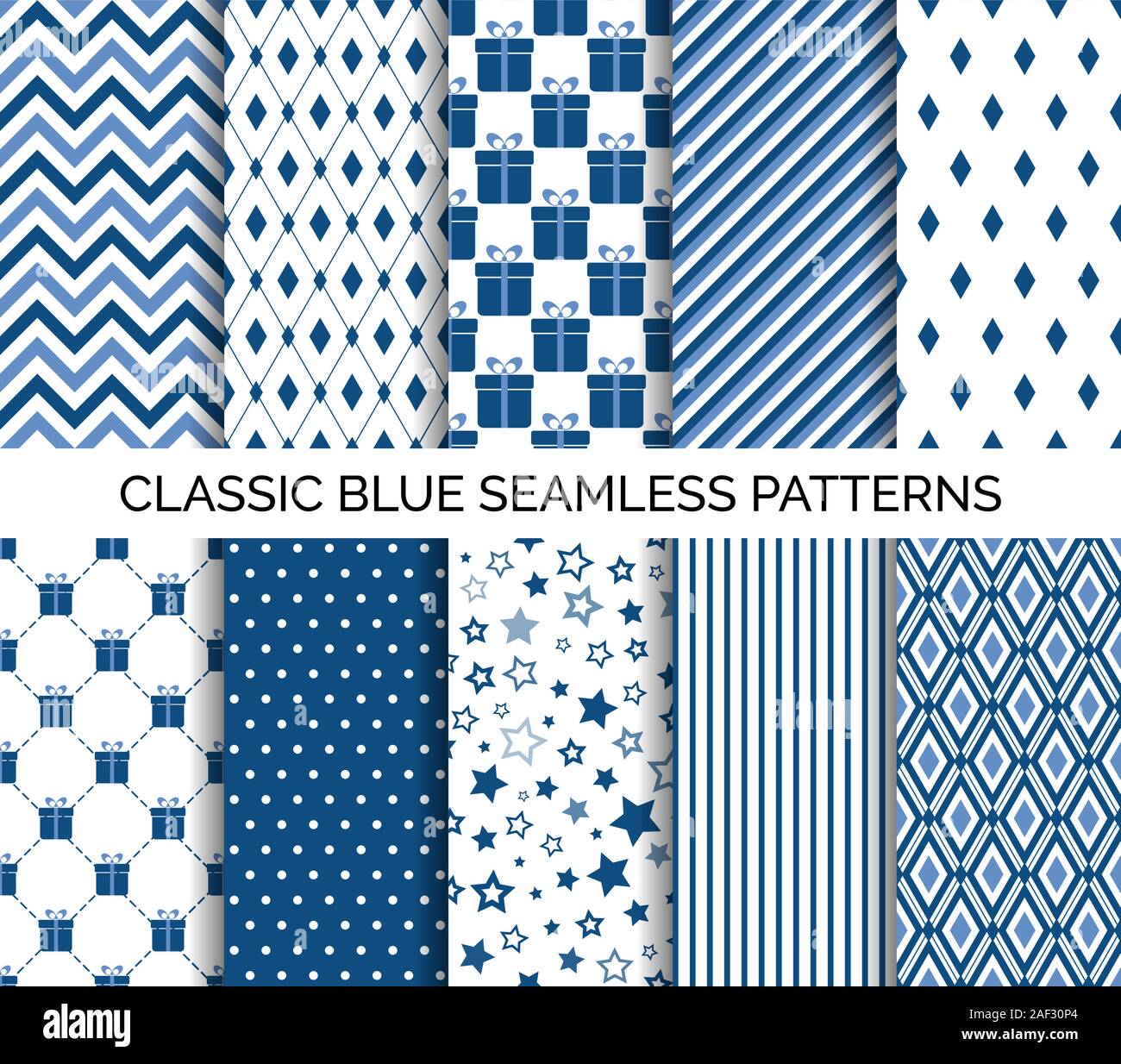 Set of classic blue seamless pattern. Vector abstract backgrounds. Chevron, polka dots, striped. For wallpaper design, wrapping paper, fabric print Stock Vector