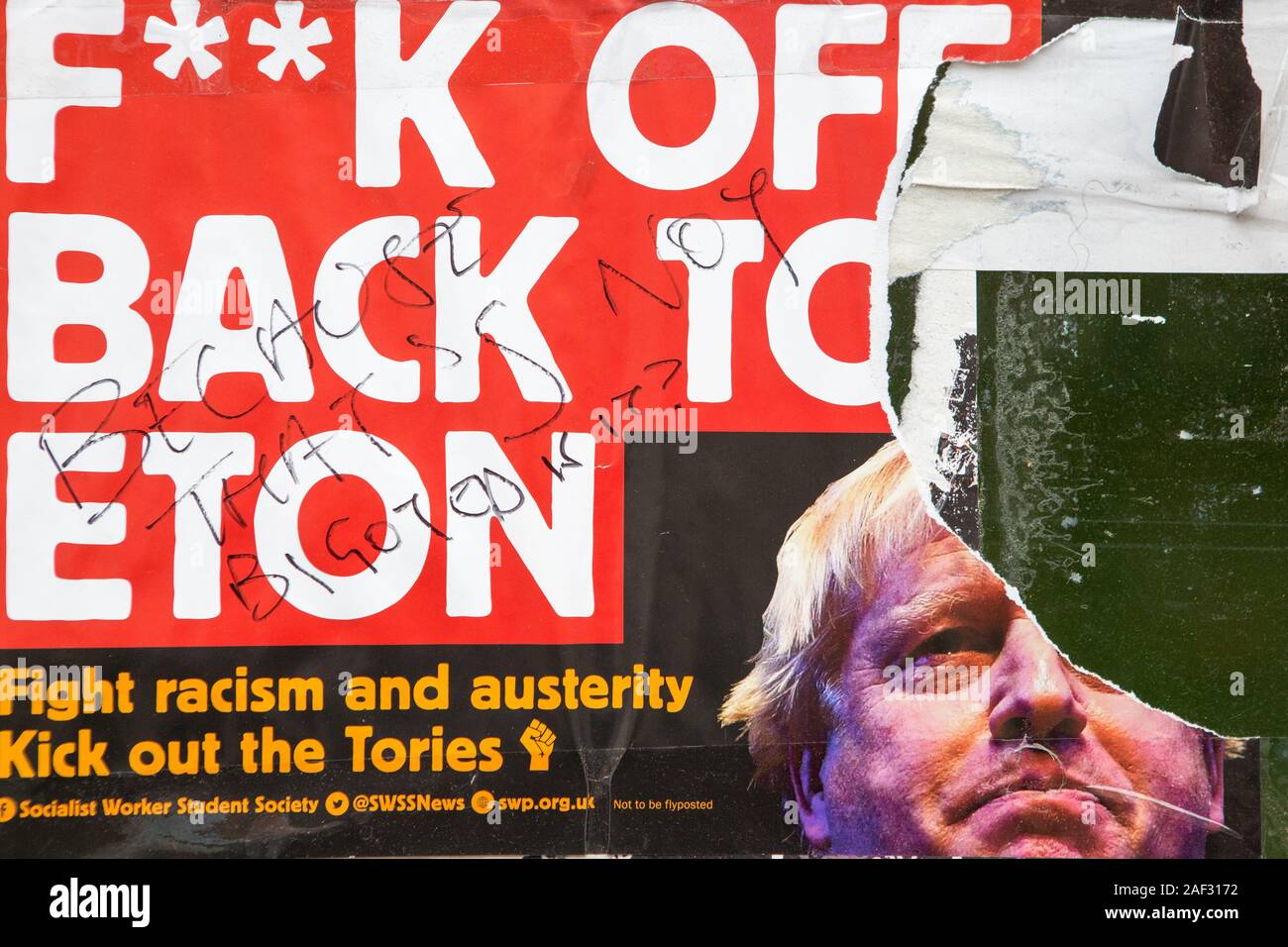 London, UK. 12th Dec, 2019. Anti Boris Johnson poster on a shop front on Peckham Rye. Credit: Thabo Jaiyesimi/Alamy Live News Stock Photo