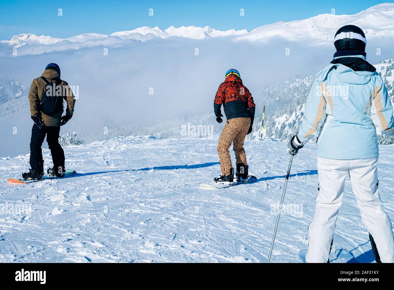 People skiing and snowbording in Zillertal Arena in Austria Stock Photo