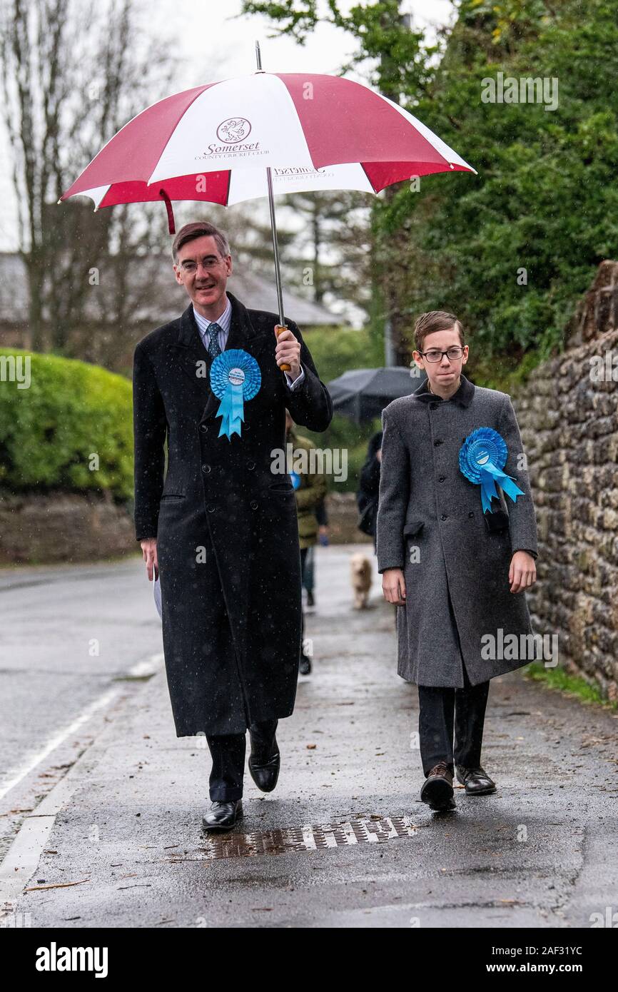Consevative party candidate for North Somerset Jacob Rees-Mogg arrives at his local Polling Station with son Peter. Stock Photo