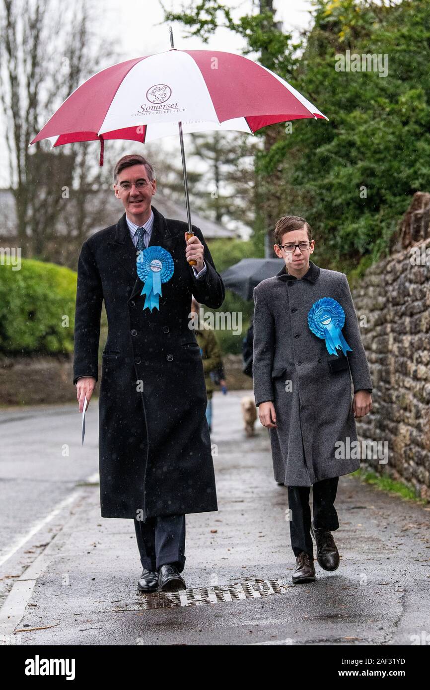 Consevative party candidate for North Somerset Jacob Rees-Mogg arrives at his local Polling Station with son Peter. Stock Photo