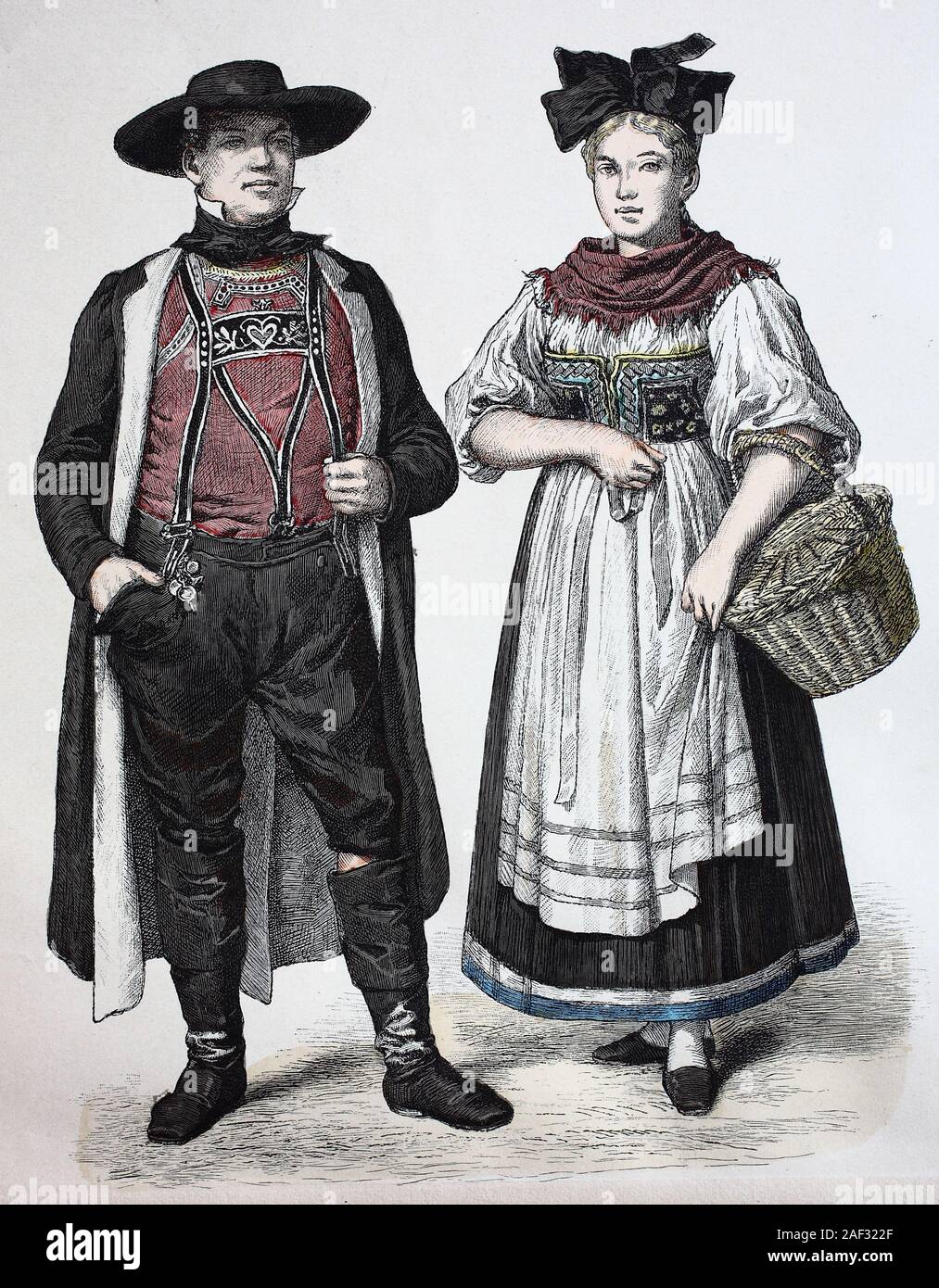 National costume, clothes, history of the costumes, pair from the Hanauer  country, national costumes from Baden, Germany, in 1885, Volkstracht,  Kleidung, Geschichte der Kostüme, Paar aus dem Hanauer Land, Trachten aus  Baden,