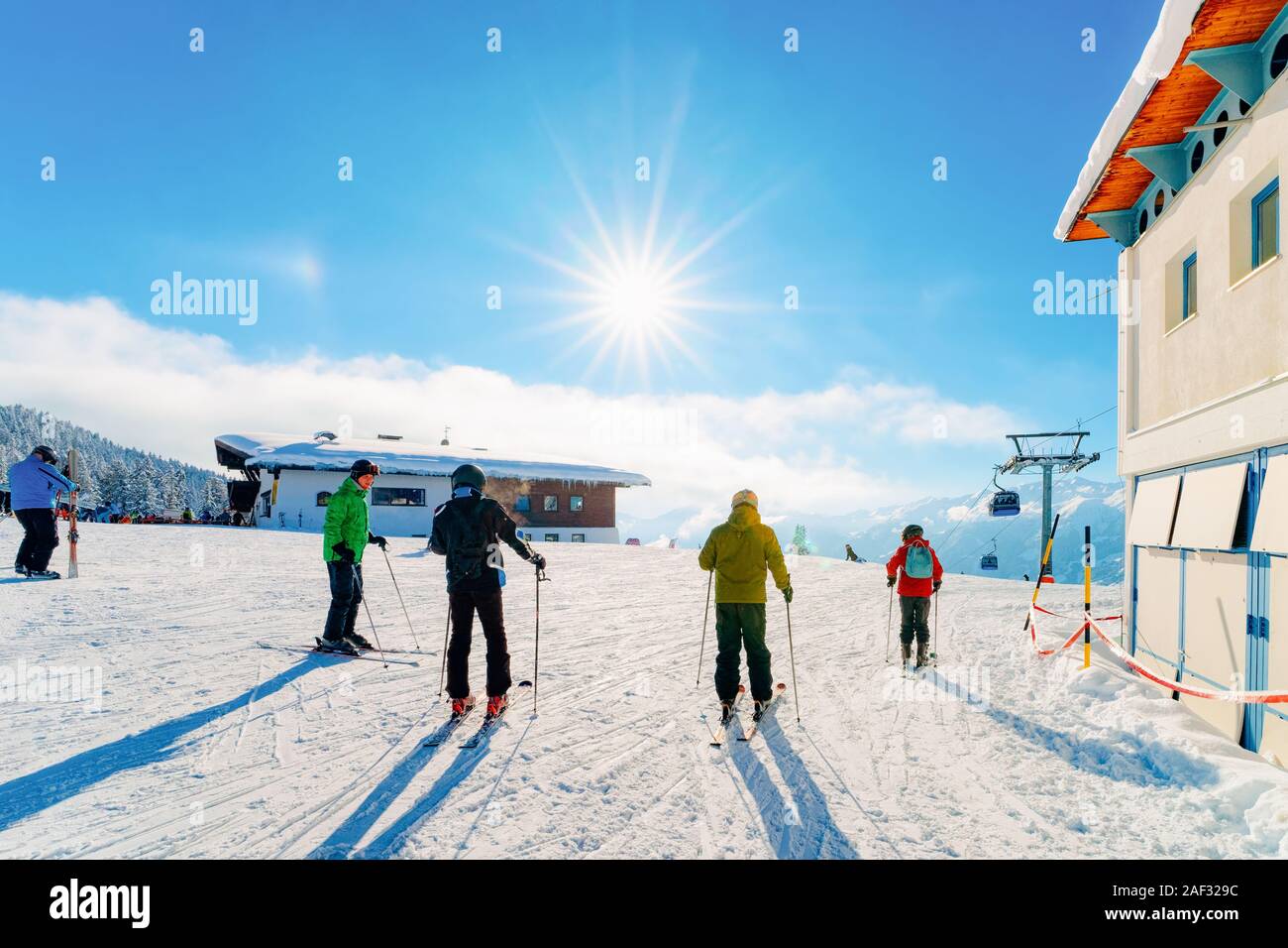 People Skiers skiing in Zillertal Arena ski resort Austria Stock Photo