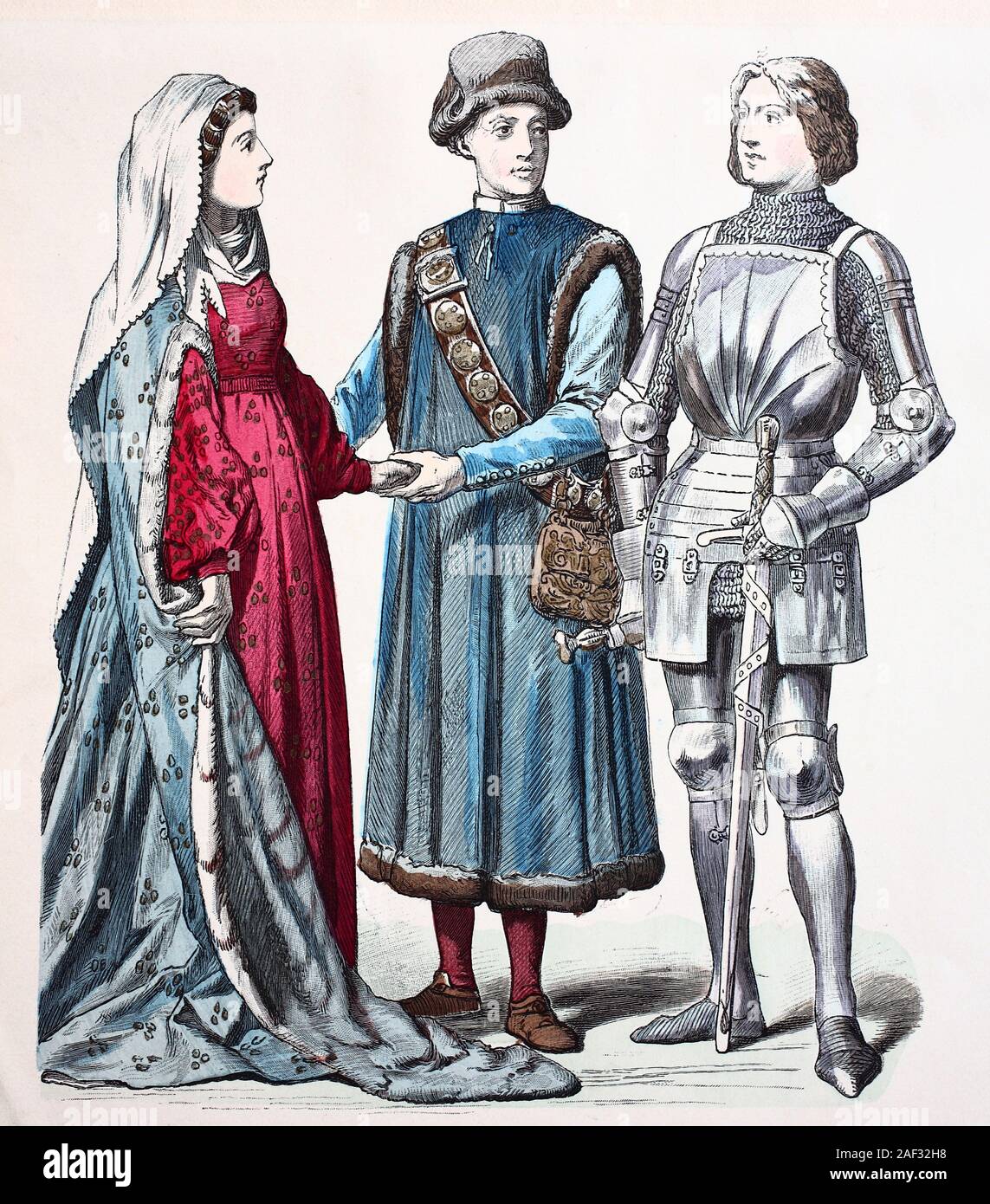 National costume, clothes, history of the costumes, women's national  costume, in 1450, citizen of the city of castle Ravens, in 1429 and knight  of mountain Stetten, in 1428, Germany, Volkstracht, Kleidung, Geschichte