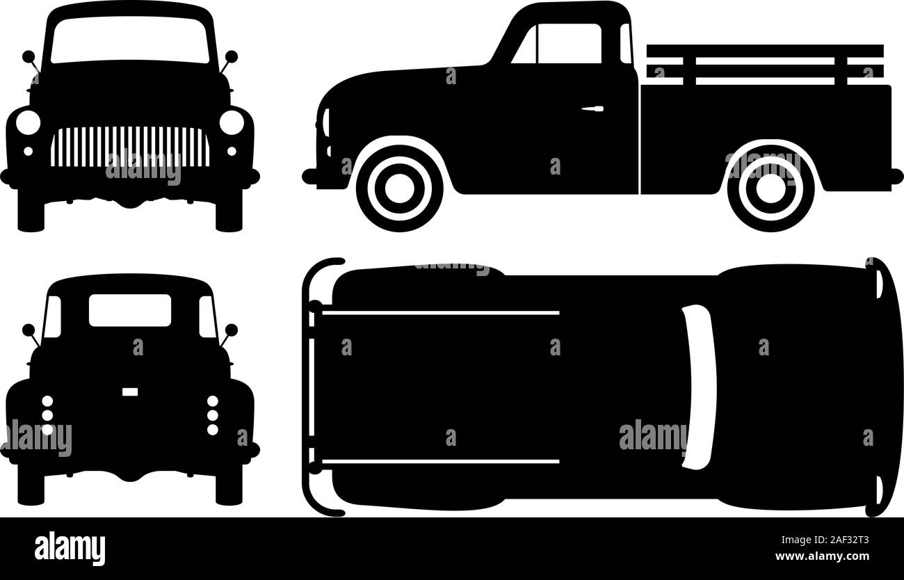 Vintage pickup truck silhouette on white background. Vehicle icons set view from side, front, back, and top Stock Vector