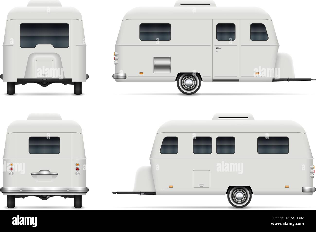 Travel trailer vector mockup on white background for vehicle branding, corporate identity. Easy editing and recolor. Stock Vector