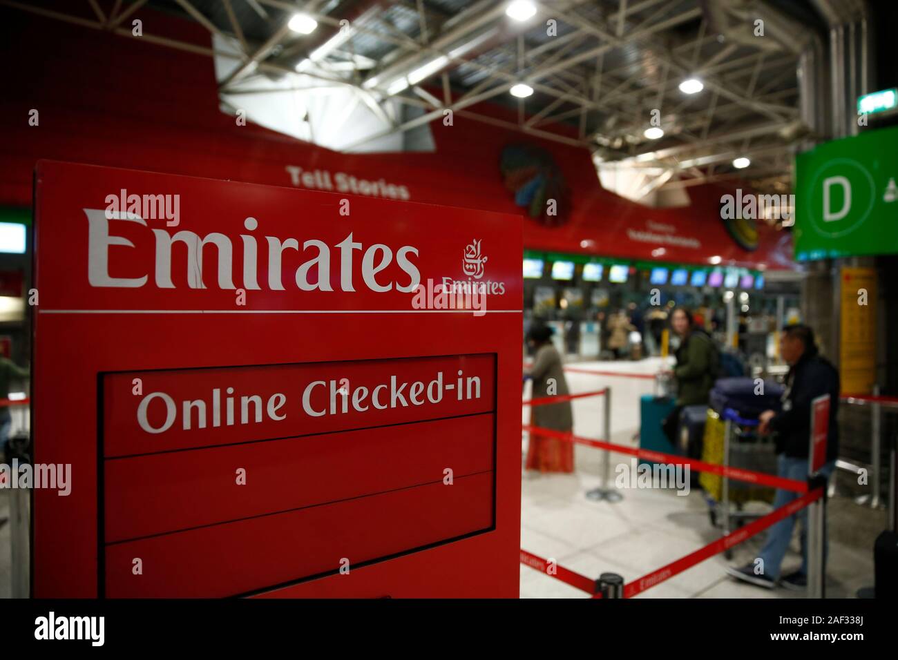 Emirates logo seen at Lisbon Portela Airport. Stock Photo