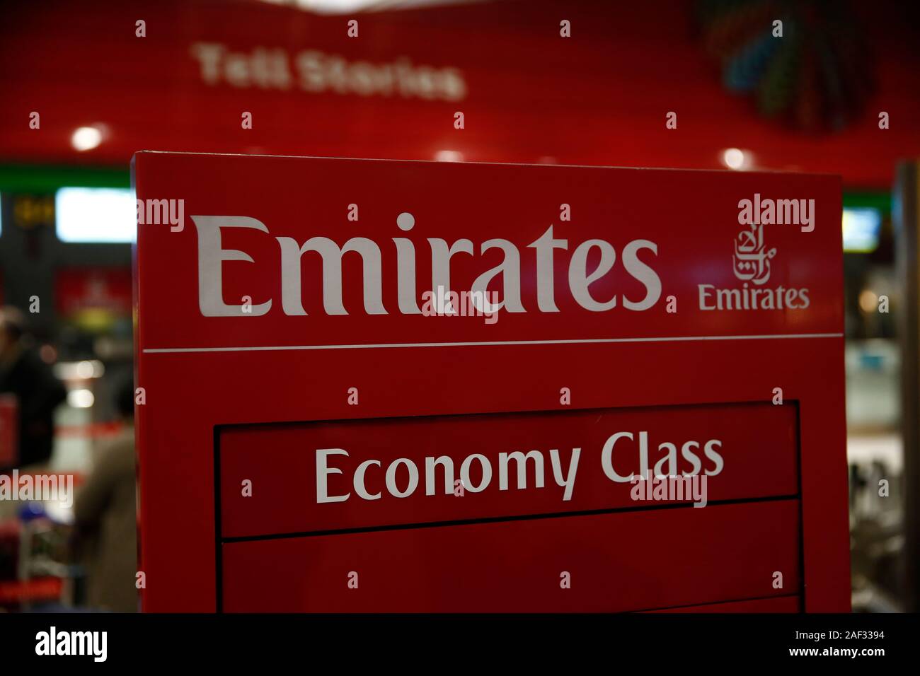 Emirates logo seen at Lisbon Portela Airport. Stock Photo
