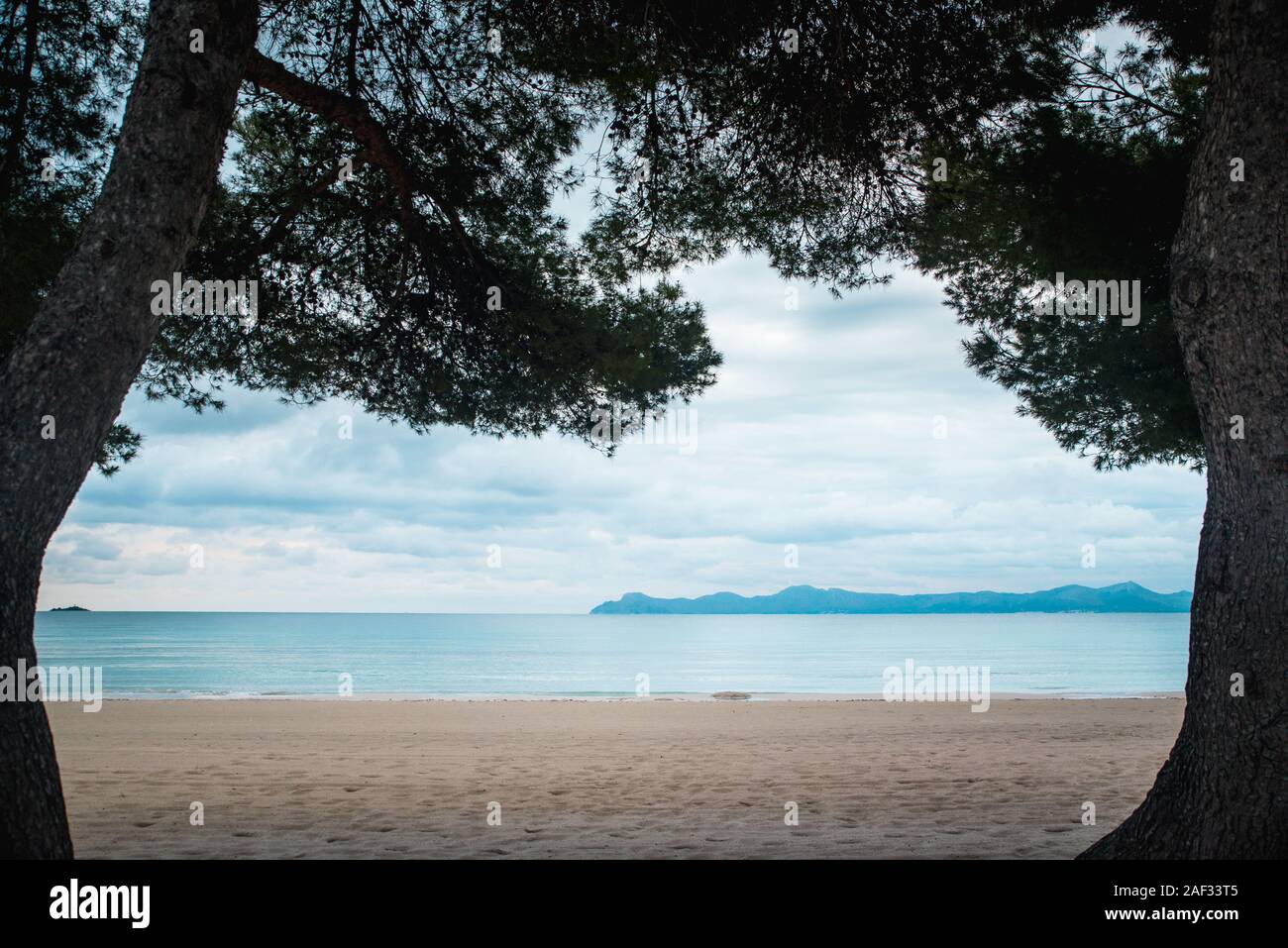 Empty clear beach in autumn morning. Depression, Sadness, Melancholy concept photo Stock Photo