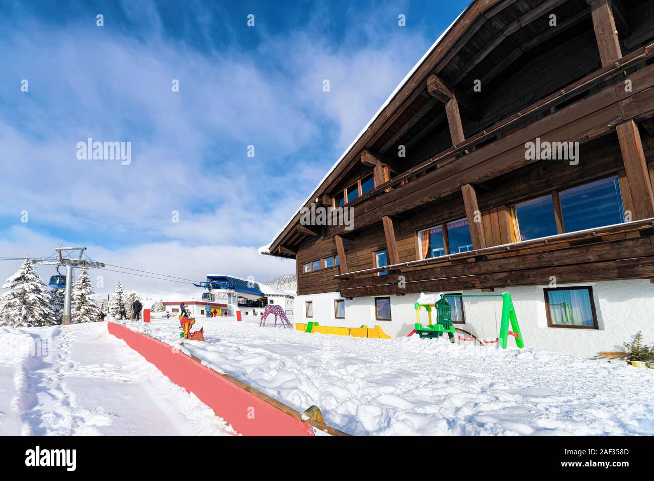 Restaurant and cafe chalet wooden house in Zillertal Arena Austria Stock Photo