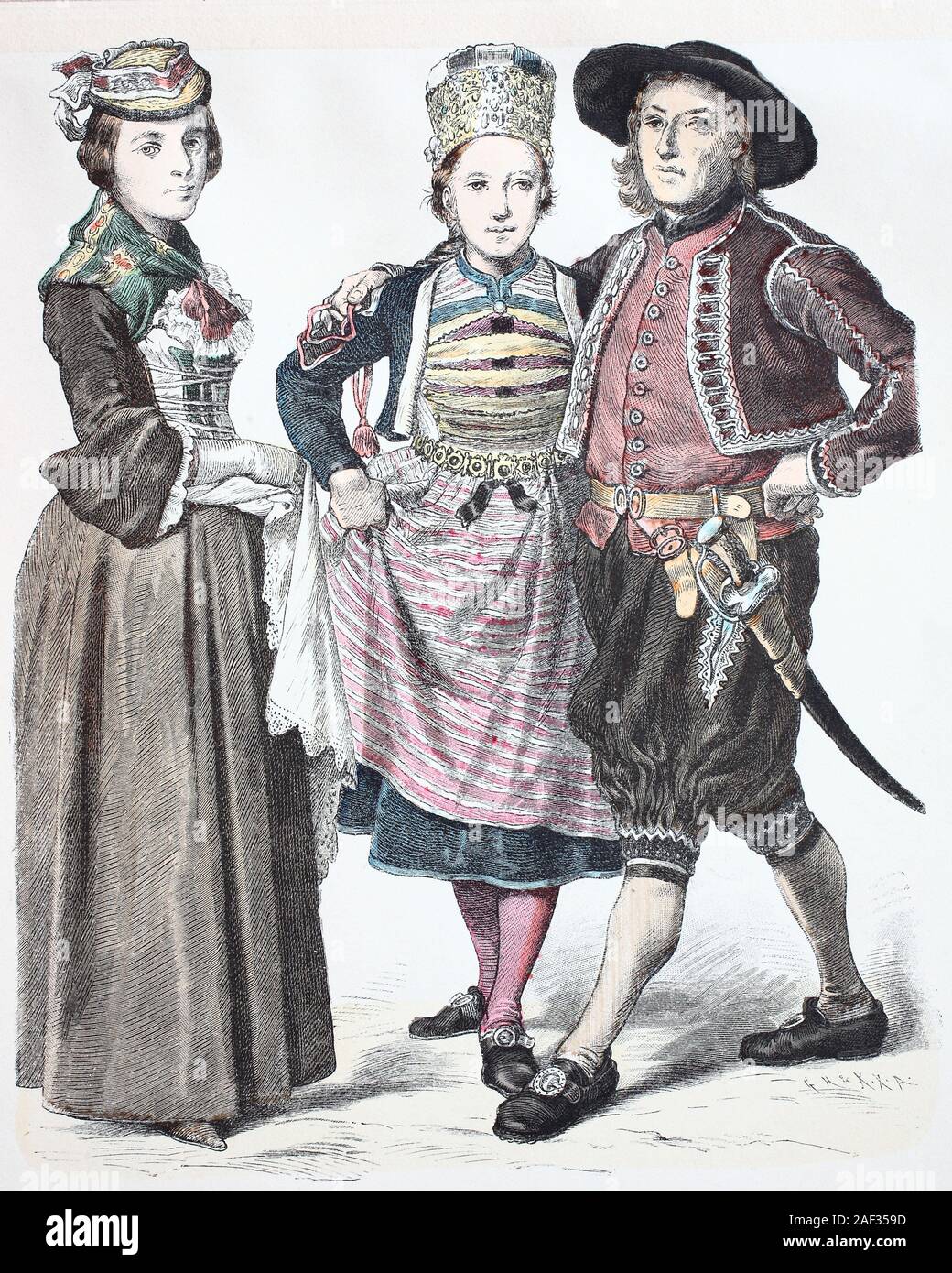 National costume, clothes, history of the costumes, national costume from  Valais and wedding national costume from Zurich, Switzerland, in the end of  18 century, Volkstracht, Kleidung, Geschichte der Kostüme, Tracht aus Wallis