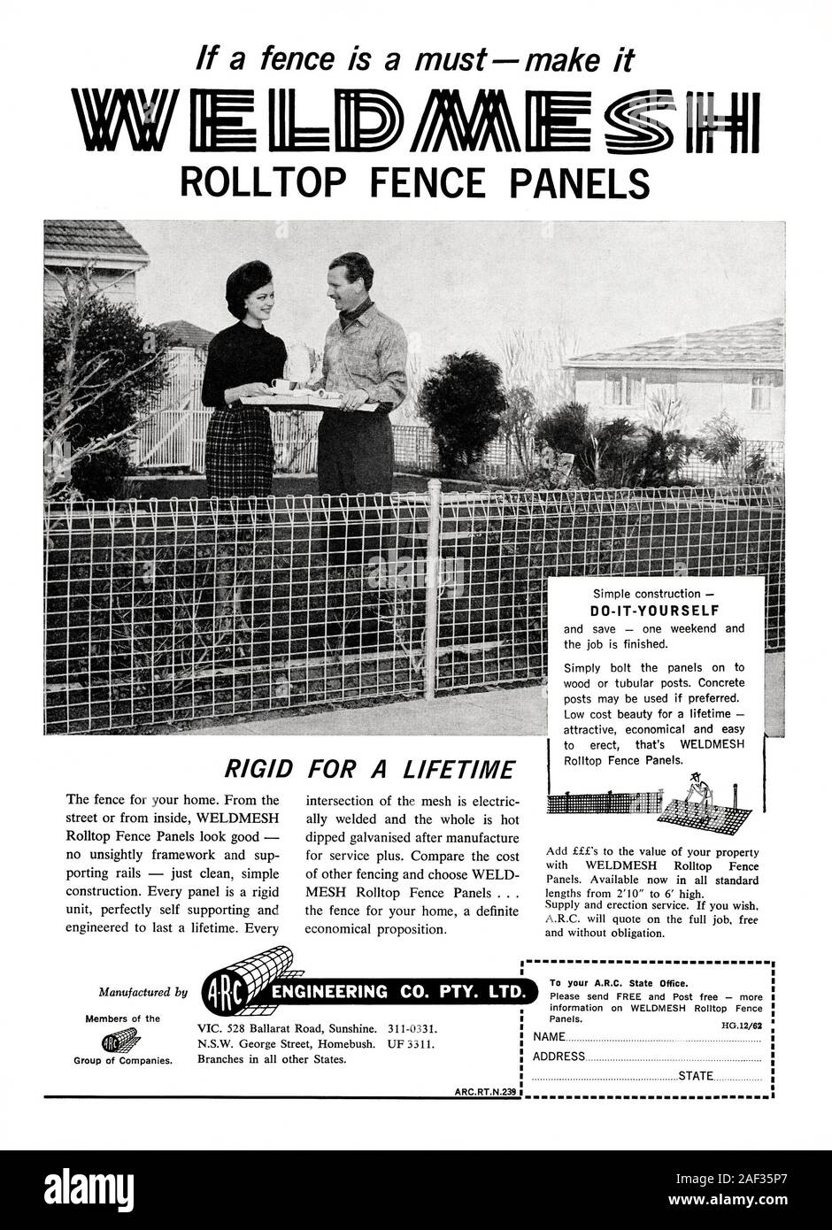 A 1960s advert for Weldmesh rolltop fencing – it appeared in an Australian  magazine in 1962. The photograph shows the galvanised steel fence panels  and a couple having a hot drink in