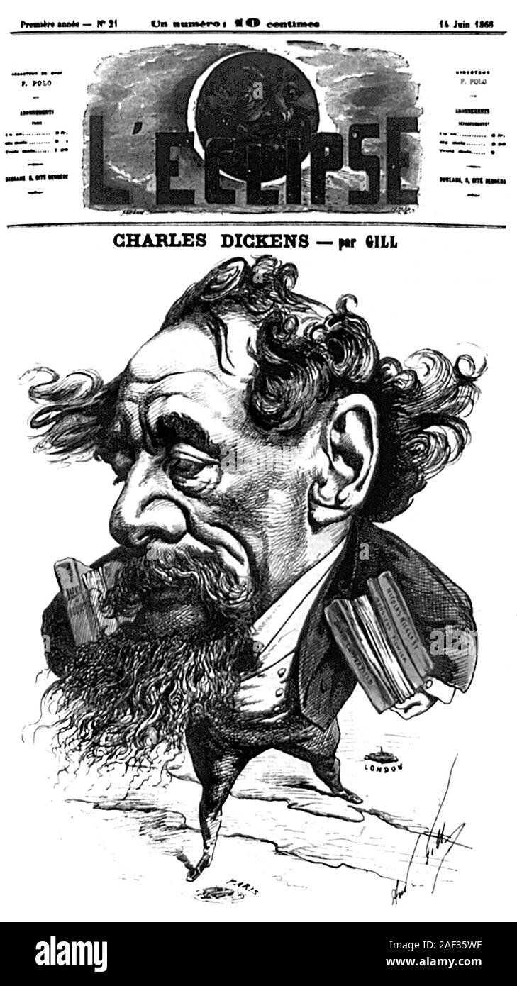 The cover of the June 14 1868 edition of the French magazine L’Eclipse featuring a caricature by Andre Gill of English author Charles Dickens (1812 – 1870). Dickens is depicted crossing the English Channel from England to France while carrying copies of his books. Stock Photo