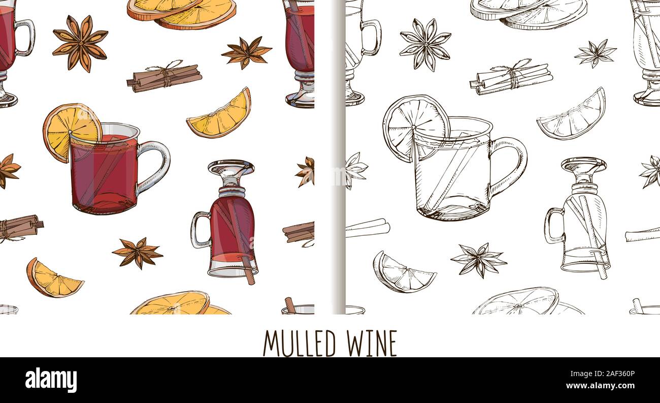 Set of hand drawn vector seamless patterns with hot winter drinks ...
