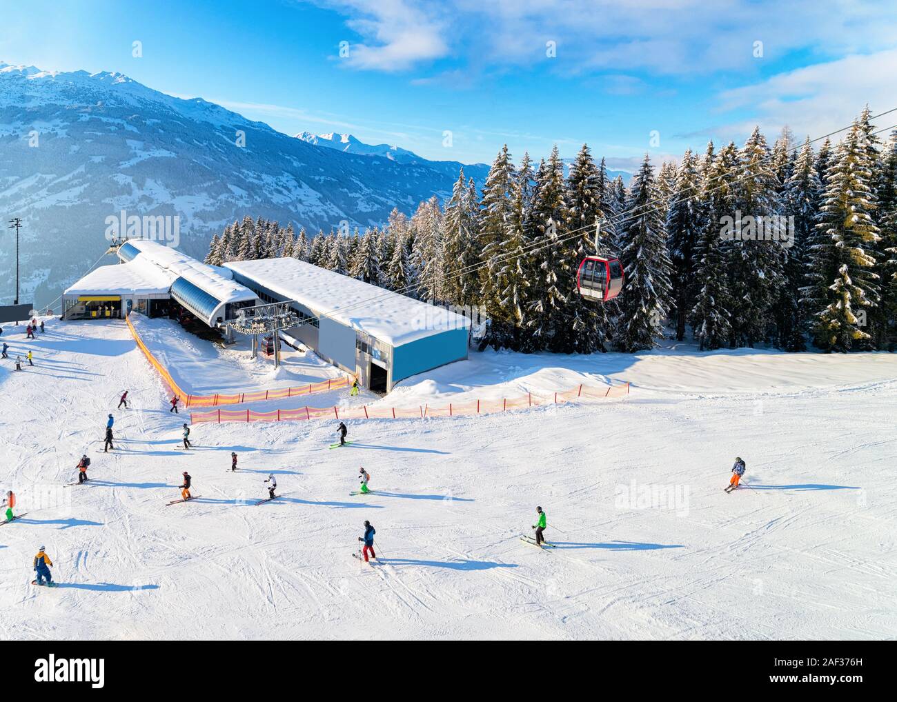 Zillertal Arena ski resort and people skiing Mayrhofen in Austria Stock Photo