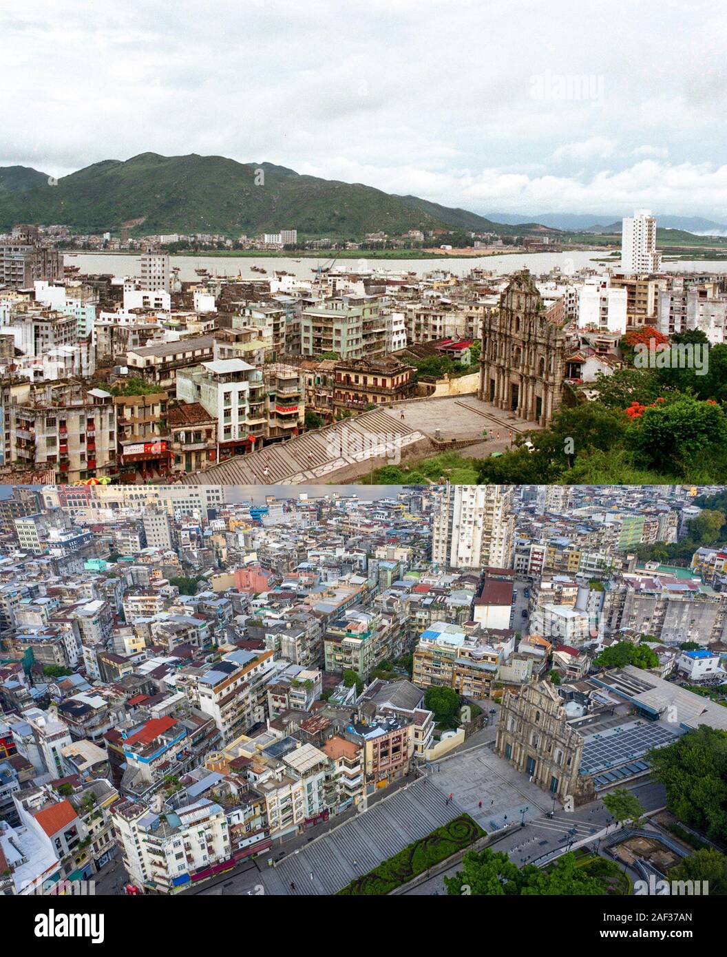 (191212) -- BEIJING, Dec. 12, 2019 (Xinhua) -- This combination photo shows an aerial view of the Ruins of St. Paul's complex and its surroundings in Macao, south China (top, photo by Chen Demu, archived on Nov. 7, 1986) and an aerial view of the same area on Oct. 24, 2019 (bottom, photo by Cheong Kam Ka).  On Dec. 20, Macao will celebrate the 20th anniversary of its return to motherland. Over the past two decades, the special administrative region has made great strides in economic development and achieved prosperity and stability under the 'one country, two systems' principle.    Since Dec. Stock Photo