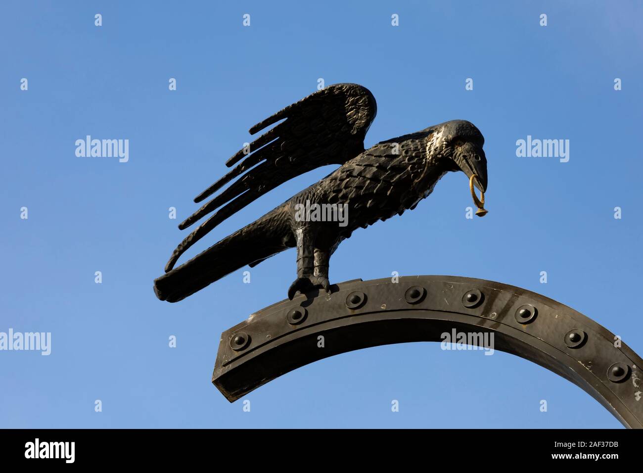 Heraldic symbol of a raven with a signet ring. of King Matthias on the Crow Gate at Buda Castle. Winter in Budapest, Hungary. December 2019 Stock Photo
