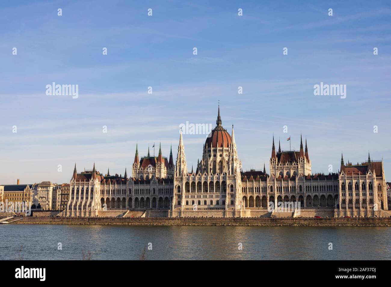 The Hungarian Parliament Building, Orszaghaz, on the River Danube. Winter in Budapest, Hungary. December 2019 Stock Photo