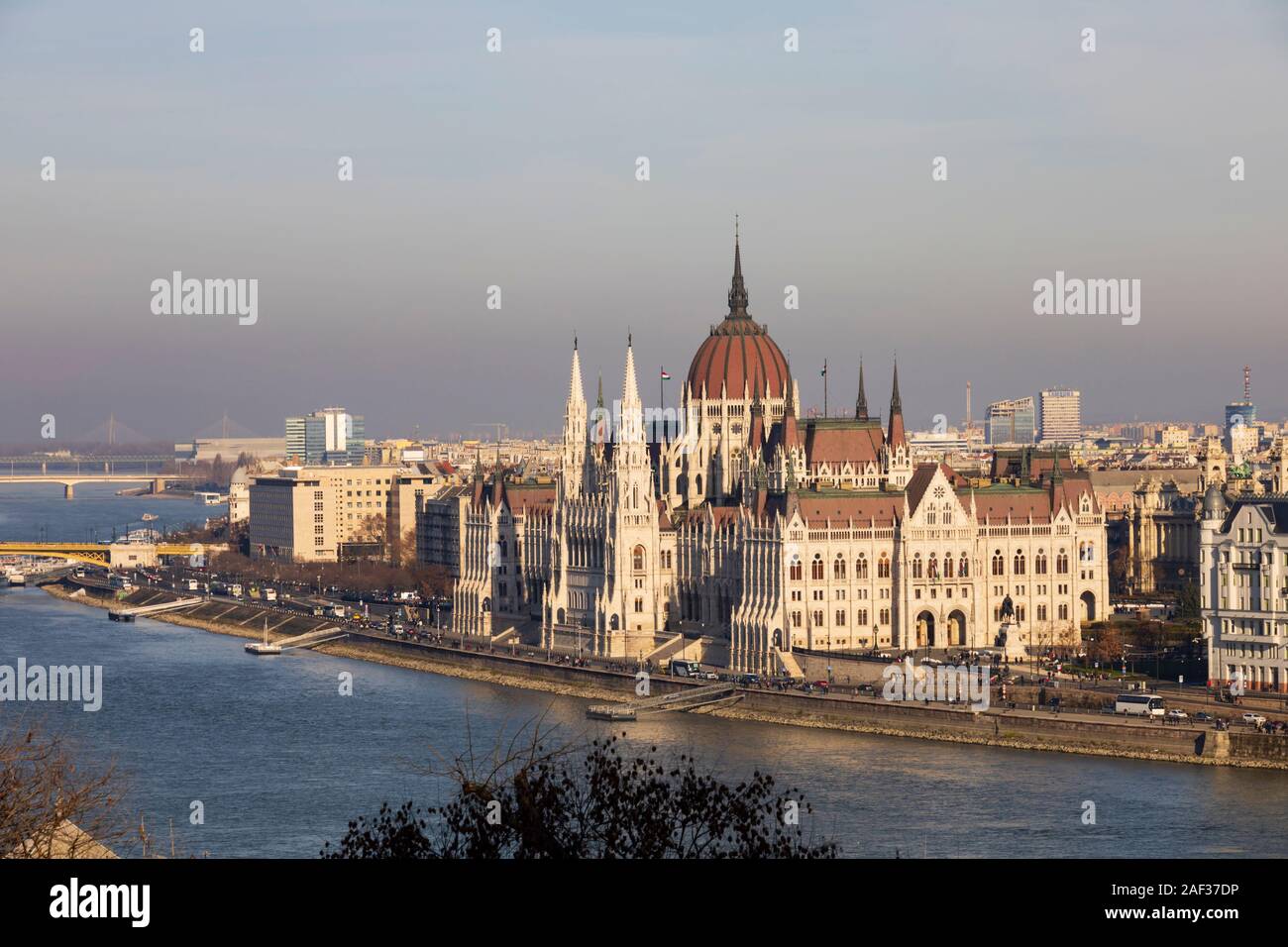 The Hungarian Parliament Building, Orszaghaz, over the River Danube. Winter in Budapest, Hungary. December 2019 Stock Photo