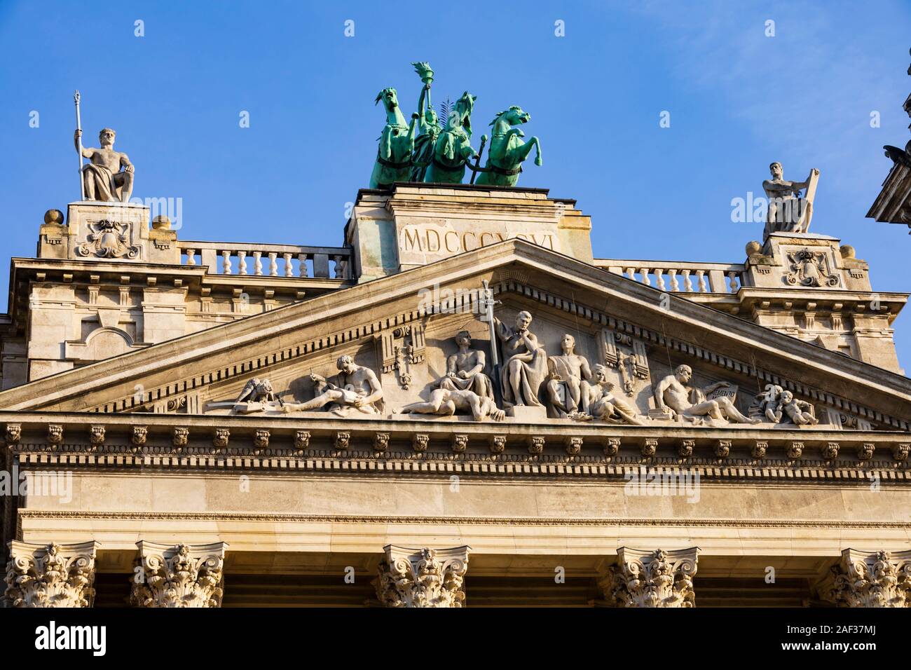 Entablature and frieze, with chariot and horses, Museum of Ethnography, Nepraji Muzeum, Lajos Kossuth square, Winter in Budapest, Hungary. December 20 Stock Photo