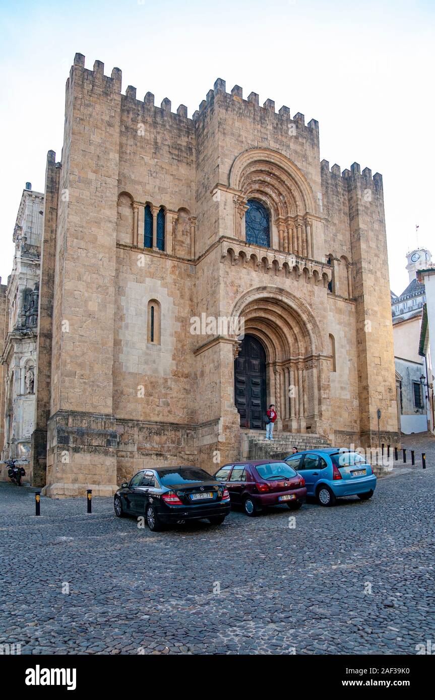The entrance to the old Romanesque Cathedral (13th century), Coimbra, Portugal Stock Photo