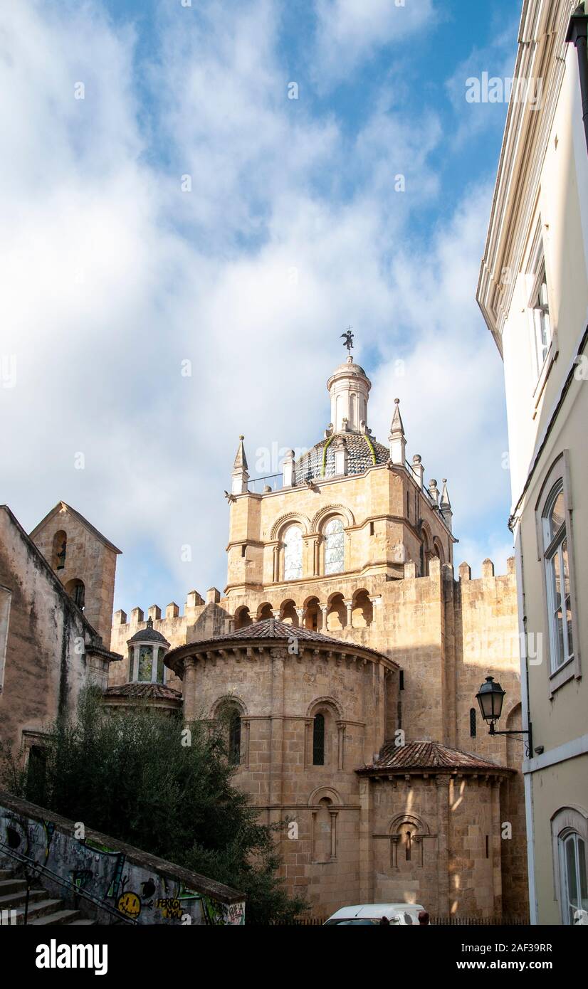 Eastern facade (back) of the Old Cathedral of Coimbra (Se Velha de Coimbra) in Portugal Stock Photo