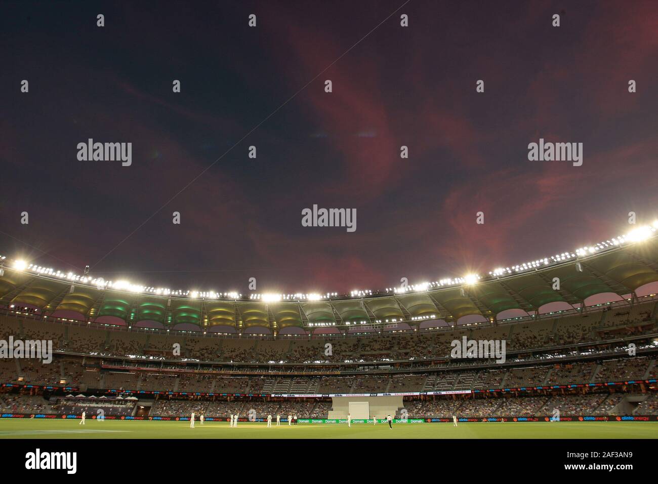 12th December 2019; Optus Stadium, Perth, Western Australia Australia; International Test Cricket, Australia versus New Zealand, Test 1, Day 1; General view of play during the night session - Editorial Use Stock Photo