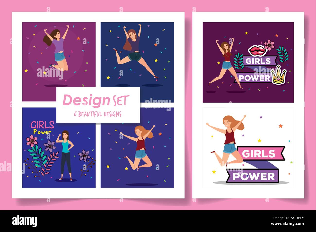 set six designs of girl power card with decoration Stock Vector Image ...
