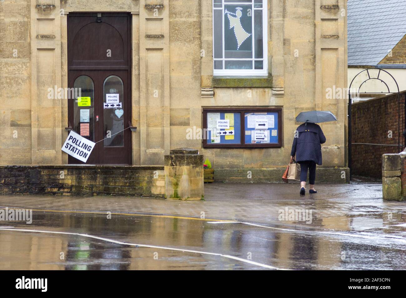 Stroud, UK. 12 Dec, 2019. Wet weather makes for a quiet afternoon at the largest polling station in the Stroud constituency, Dursley Methodist Church with an electorate of over 2200 voters. Credit: Carl Hewlett/Alamy Live News. Stock Photo