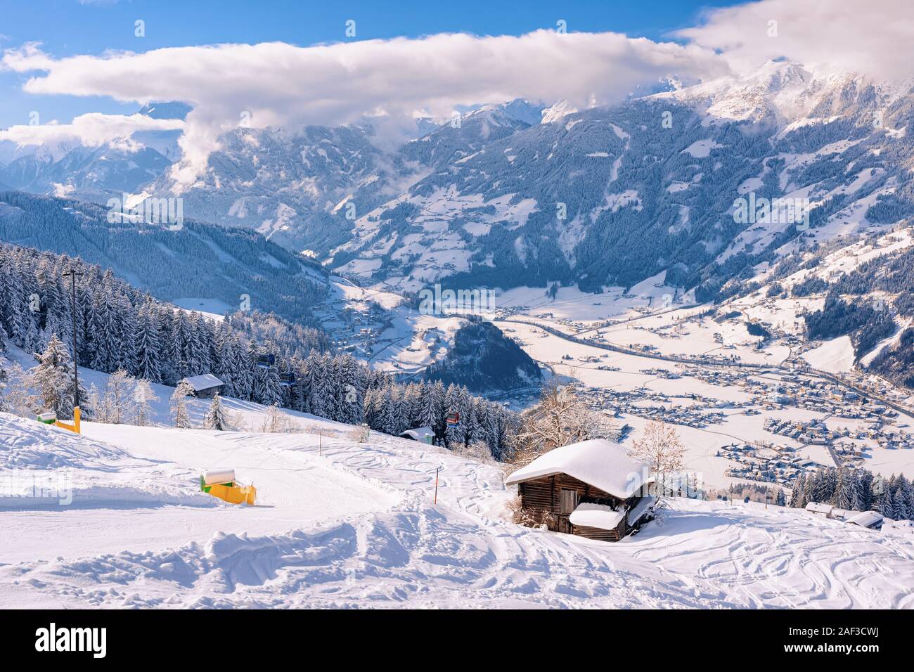 Landscape with chalet house of Zillertal Arena in Austria Stock Photo