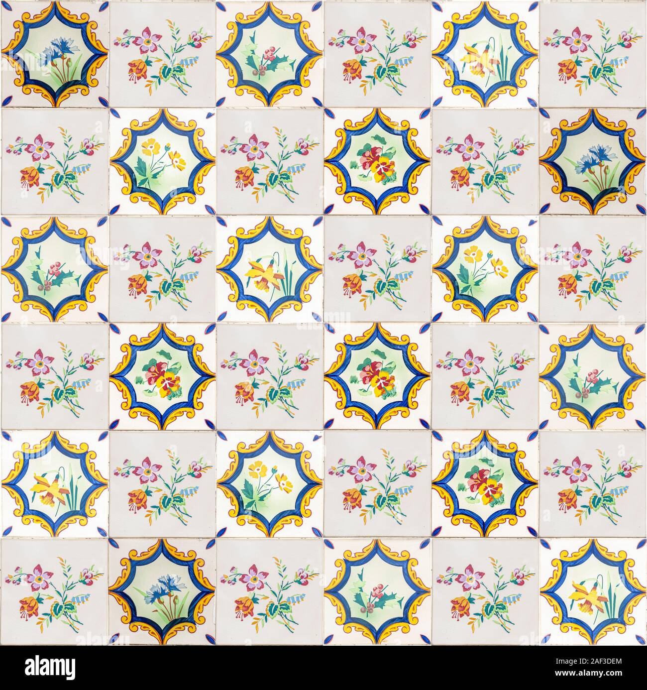 Floral design Painted ceramic tiles seamless photographed in Aveiro district, Portugal Stock Photo