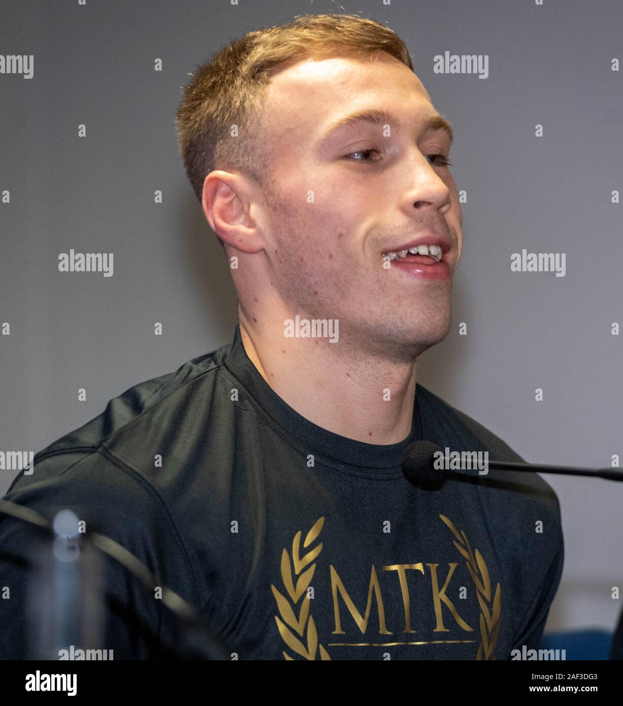 Brentwood Essex UK, 12th Dec. 2019 Boxing: MTK Press conference ahead of the GoldenContract light-heavyweight quarter-finals at Brentwood, Essex on Saturday.  as eight of the best light-heavyweight stars from around the world compete at the Brentwood Centre, live on Sky Sports in association with Matchroom Boxing and on ESPN+ Pictured Liam Conroy who has been nominated for the British Boxing Board of Control Fight of the Year 2019 Credit Ian DavidsonAlamy Live News Stock Photo