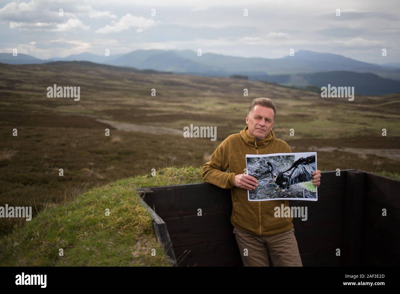 TV presenter Chris Packham,  with film crew on the Strathbraan raven cull area, in Amulree, Scotland, on 7 June 2019. Stock Photo