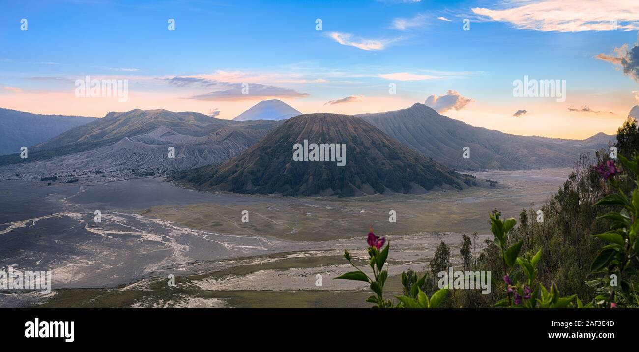 View from above, stunning panoramic view of the Mount Batok, Mount Bromo and the Mount Semeru in the distance illuminated at sunrise. Mount Bromo is a Stock Photo