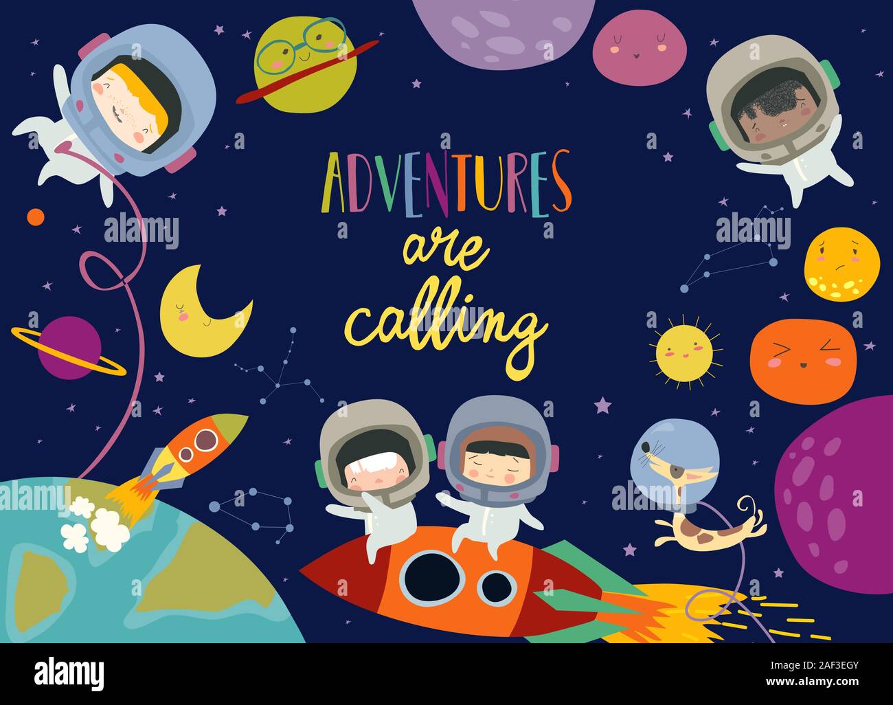 Cute frame composed of girls ans boys astronauts riding a rocket Stock Vector