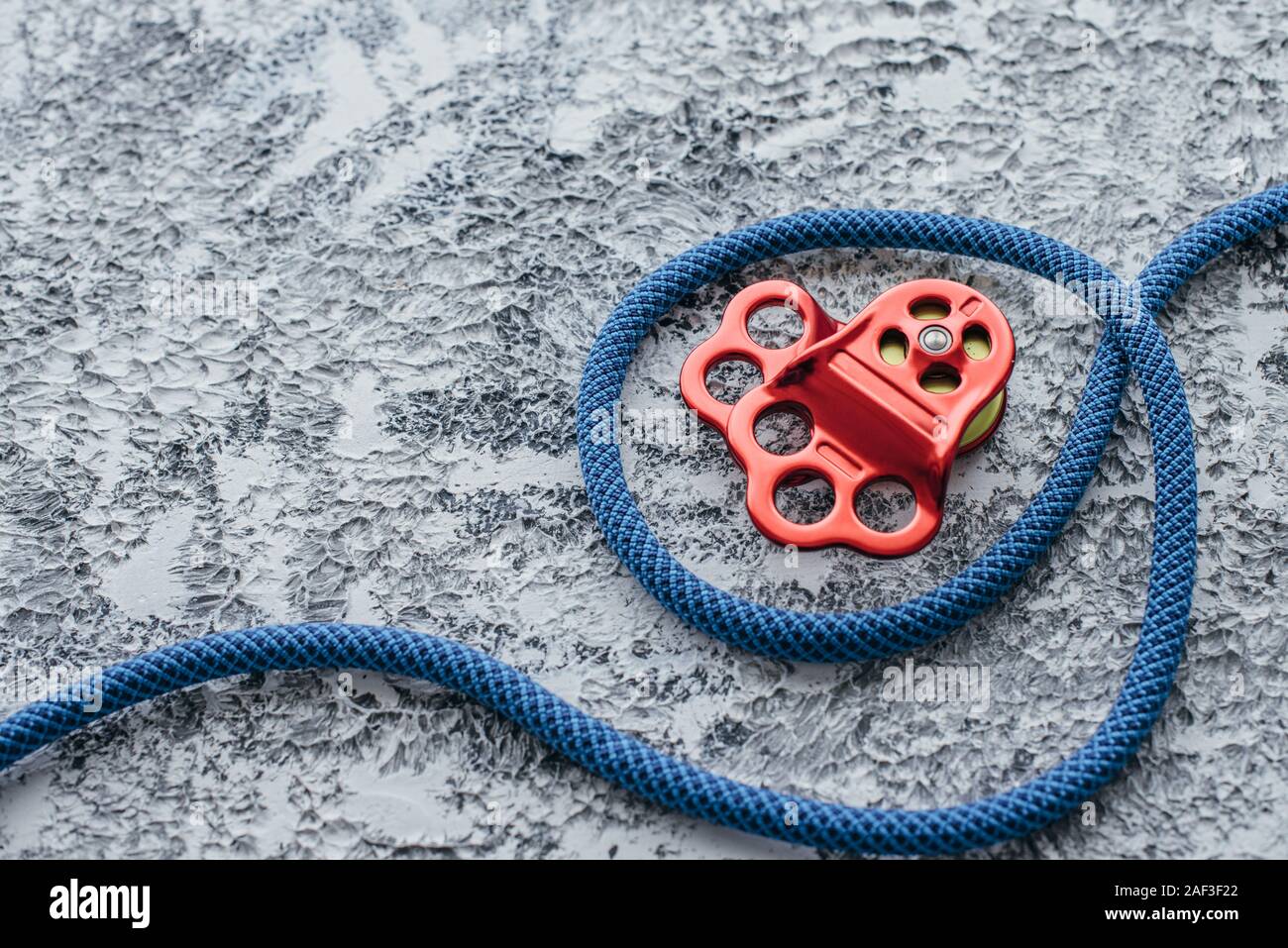 Hiking rope. Isolated photo of climbing equipment. Part of carabiner ...