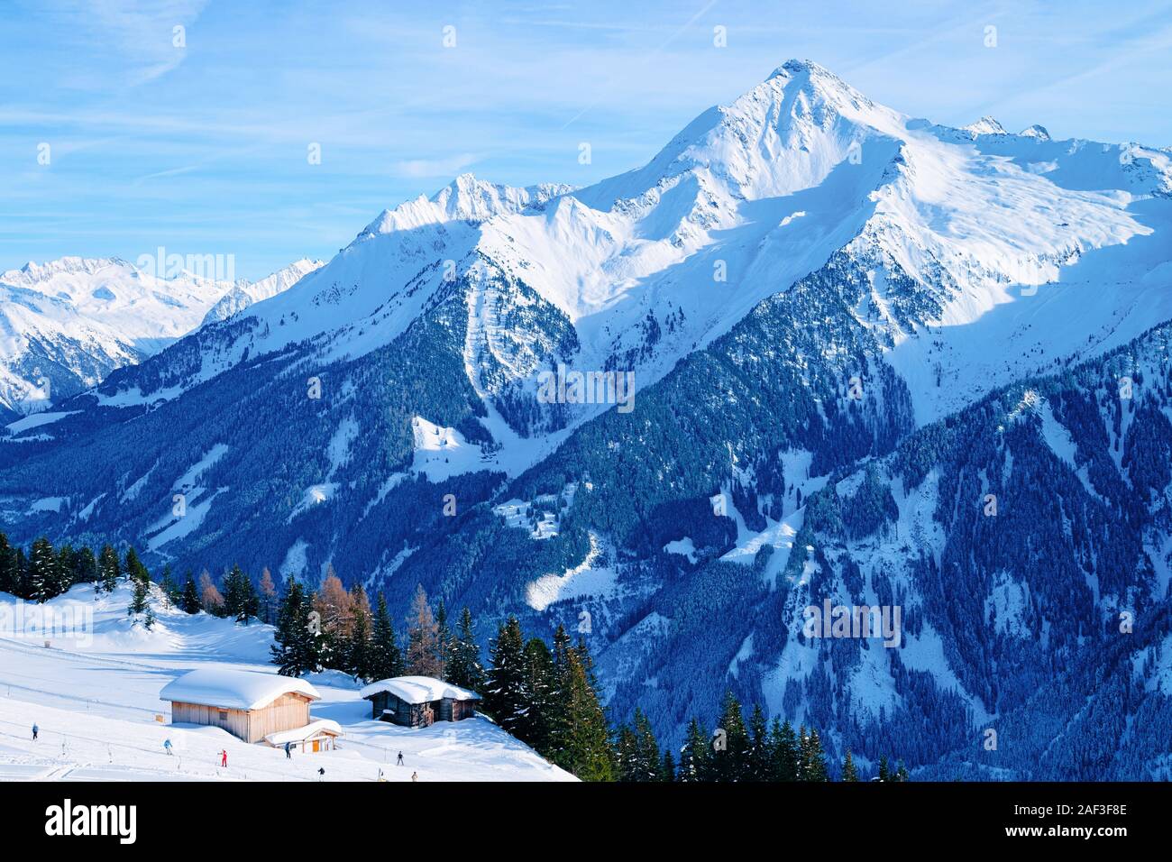 Panorama of ski resort town Mayrhofen and chalet houses Austria Stock