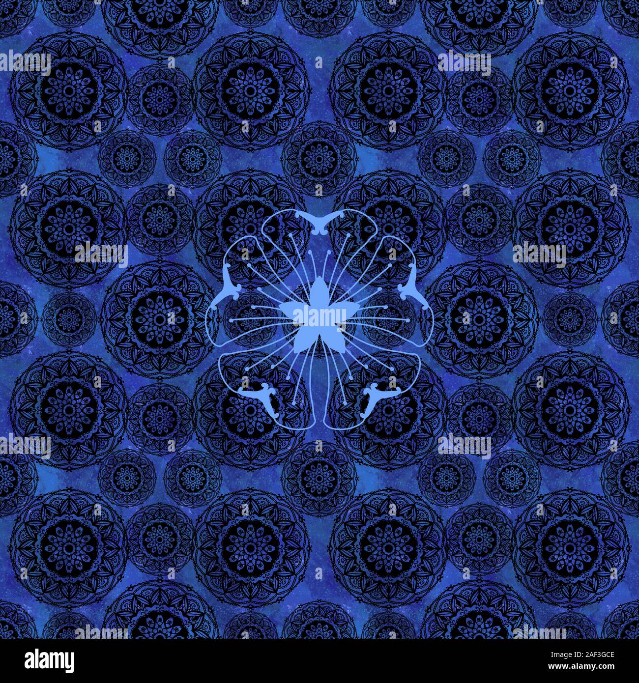 Beautiful royal blue background with seamless black pattern and glow flower. Stock Photo